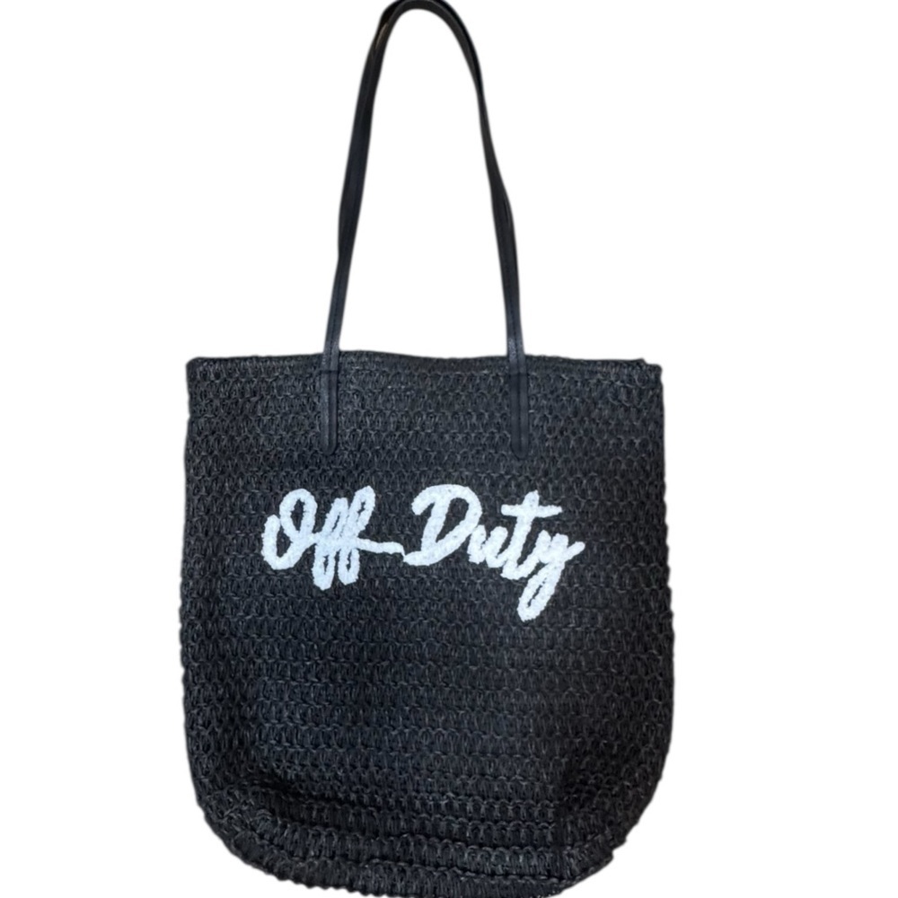 Black Straw Woven “Off Duty” Beach Bag White soft writing Pool Summer Packable